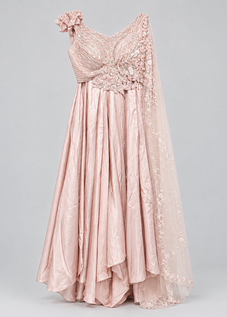 Dusty Rose Hand-Embroidered Asymmetric Indo-Western Skirt & Blouse Set