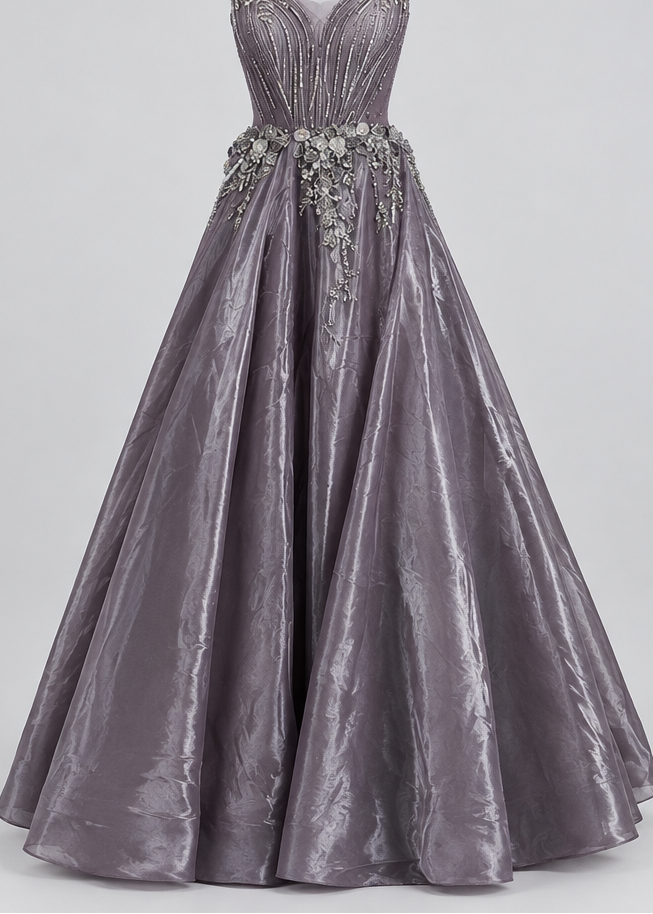 Muted Charcoal Grey Hand-Embroidered Evening Gown