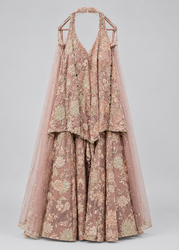 Dusty Rose-Mauve Embroidered Halter-Neck Peplum Kurti with Flared Palazzo