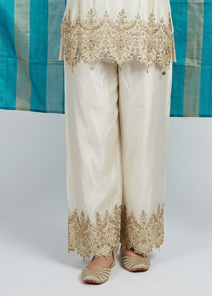 Ethereal Ivory Gold-Embroidered Silk Suit Set with Teal Striped Dupatta