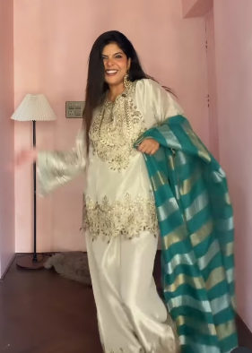 Ethereal Ivory Gold-Embroidered Silk Suit Set with Teal Striped Dupatta