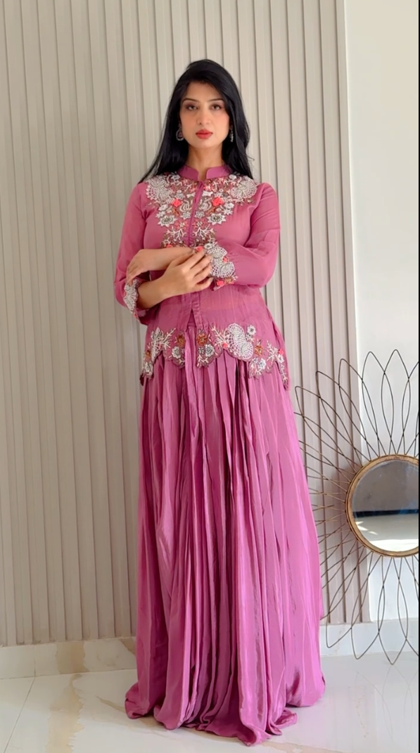 Embroidered Peplum Top and Gathered Skirt (NB10589 BS-64)