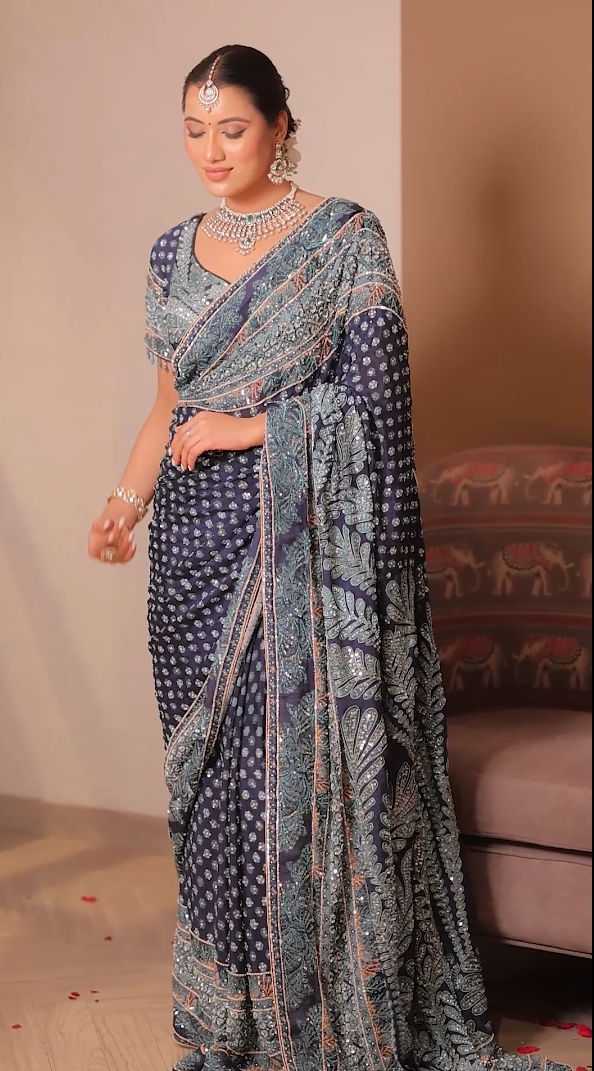Midnight Indigo Opulence Saree with Aqua Embroidery (CCRS-25-03 D-32) Secondary image