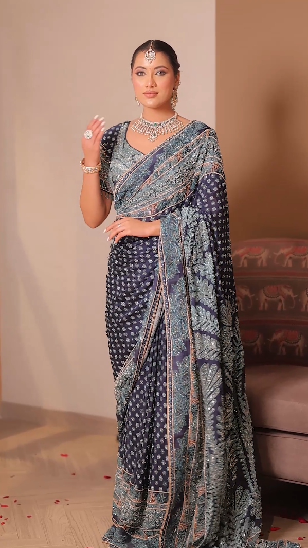 Midnight Indigo Opulence Saree with Aqua Embroidery (CCRS-25-03 D-32)