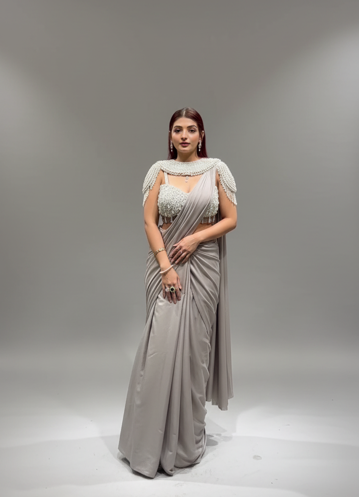 Taupe Grey Draped lehenga with Statement Embellished Blouse (LGN-309 D-42) Main image