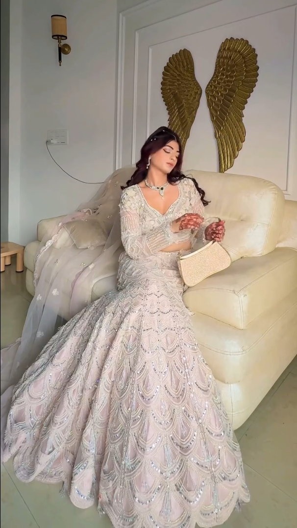 Ivory and White Layered Embroidered Lehenga  (1450 M-146)