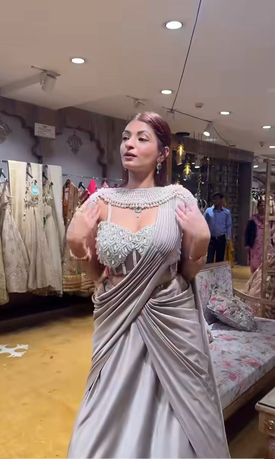 Taupe Grey Draped lehenga with Statement Embellished Blouse (LGN-309 D-42)