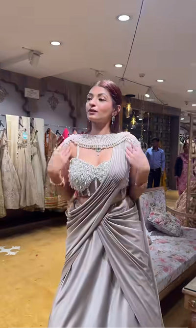 Taupe Grey Draped lehenga with Statement Embellished Blouse (LGN-309 D-42)