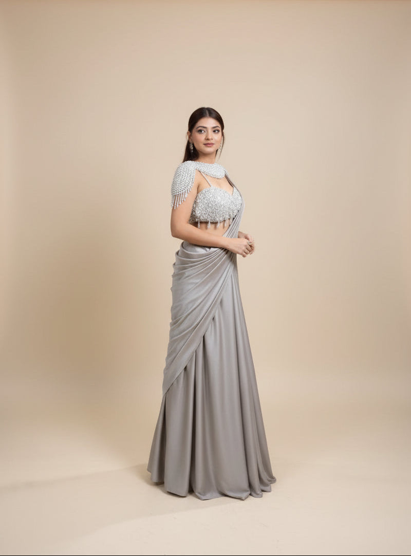 Taupe Grey Draped lehenga with Statement Embellished Blouse (LGN-309 D-42)