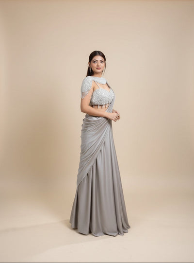 Taupe Grey Draped lehenga with Statement Embellished Blouse (LGN-309 D-42)