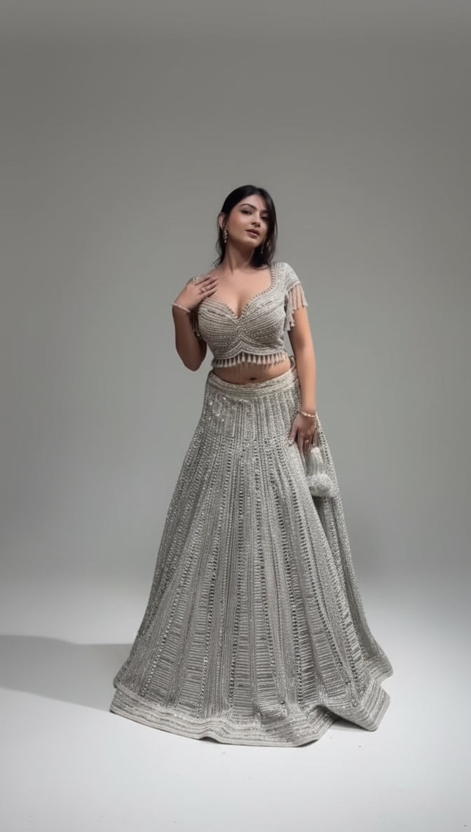Sparkling Silver Sequin and Fringe Lehenga Ensemble (1508 M-146) Secondary image