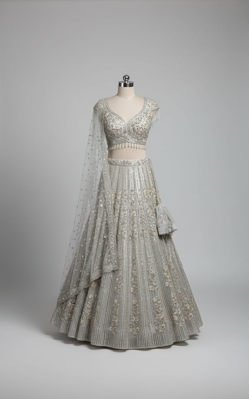 Sparkling Silver Sequin and Fringe Lehenga Ensemble (1508 M-146)