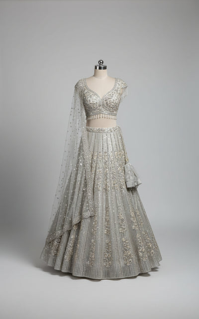 Sparkling Silver Sequin and Fringe Lehenga Ensemble (1508 M-146)
