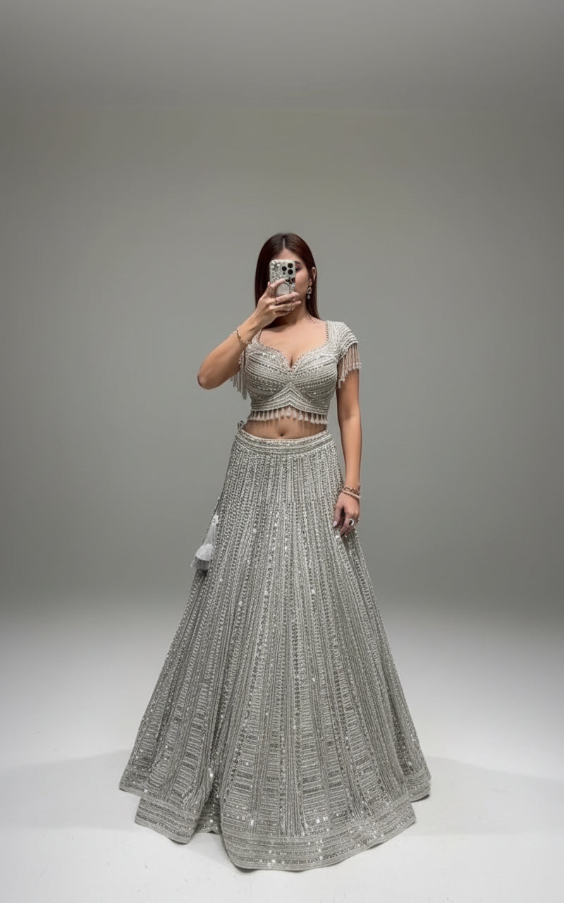 Sparkling Silver Sequin and Fringe Lehenga Ensemble (1508 M-146)