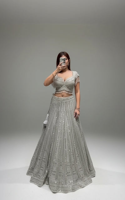 Sparkling Silver Sequin and Fringe Lehenga Ensemble (1508 M-146)