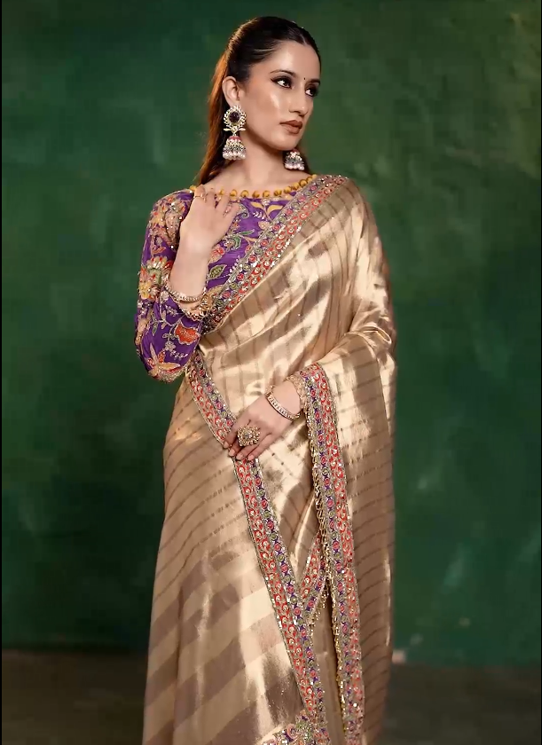 Golden Saree with Fusion blouse Main image