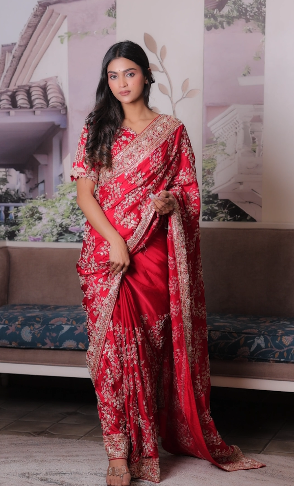 Exquisite Crimson Red Embellished Saree