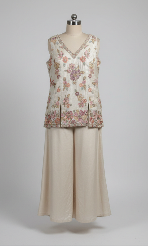 Shop Sleeveless Embroidered Peplum Tunic Top & Palazzo Set with Dupatta