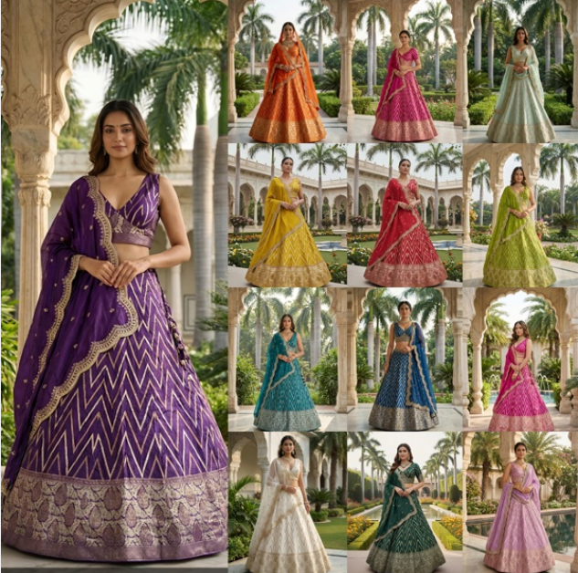 Ruby Red Chevron Silk Lehenga Set with Brocade Border (1036 GA-39)