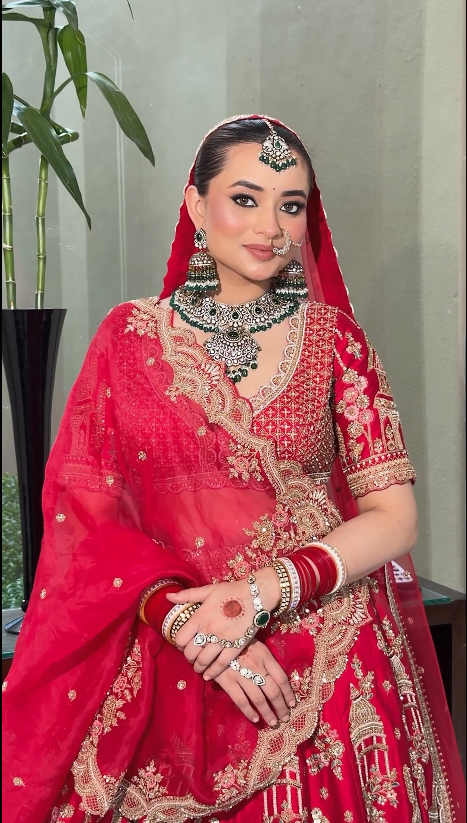 Imperial Crimson: Heavily Embellished Bridal Silk Lehenga Main image