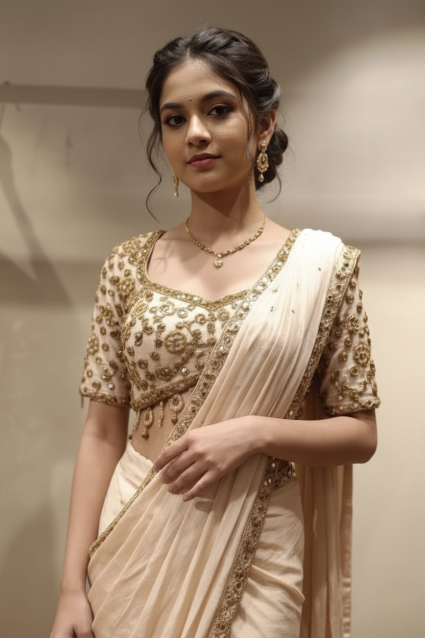 Champagne: Georgette Pre-Draped Saree Secondary image