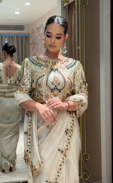 Champagne Pearl Saree with Jewel-Encrusted Blouse