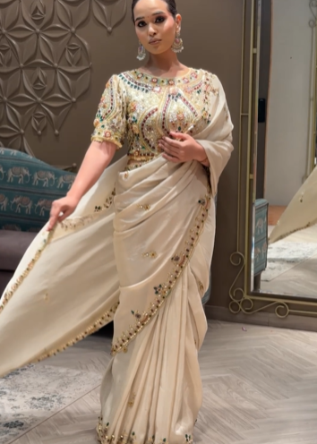 Champagne Pearl Saree with Jewel-Encrusted Blouse Main image
