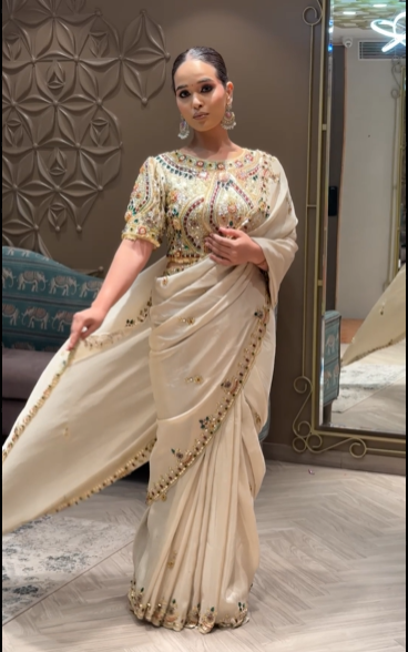 Champagne Pearl Saree with Jewel-Encrusted Blouse