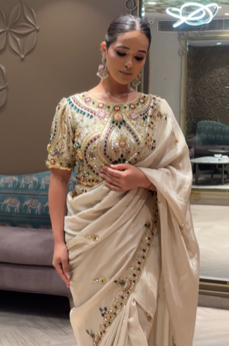 Champagne Pearl Saree with Jewel-Encrusted Blouse