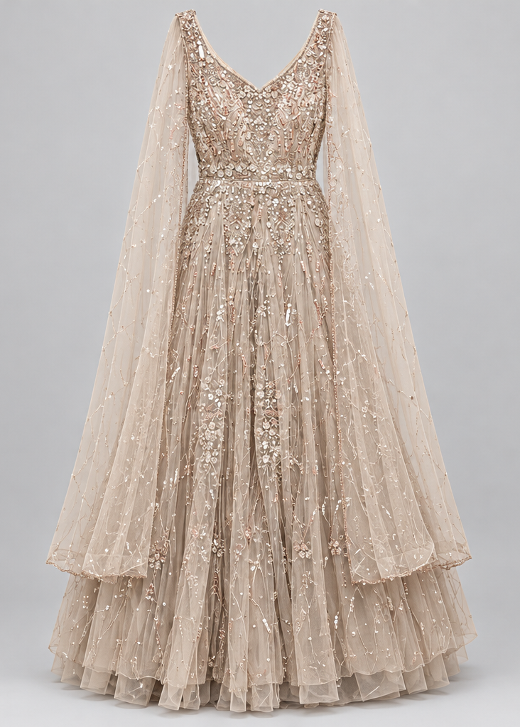 Lavender Whisper Cape-Sleeve Gown