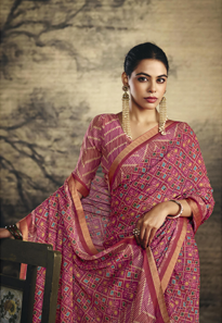 Elegant Pink Printed Silk Saree with Golden Border