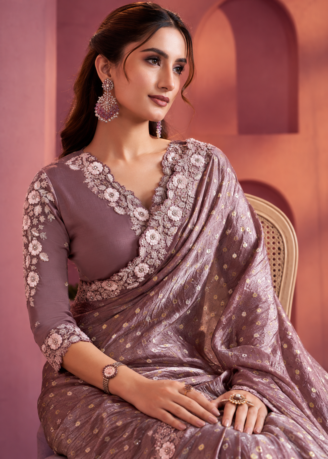 Purple Sophisticated Floral Embroidered Georgette Saree