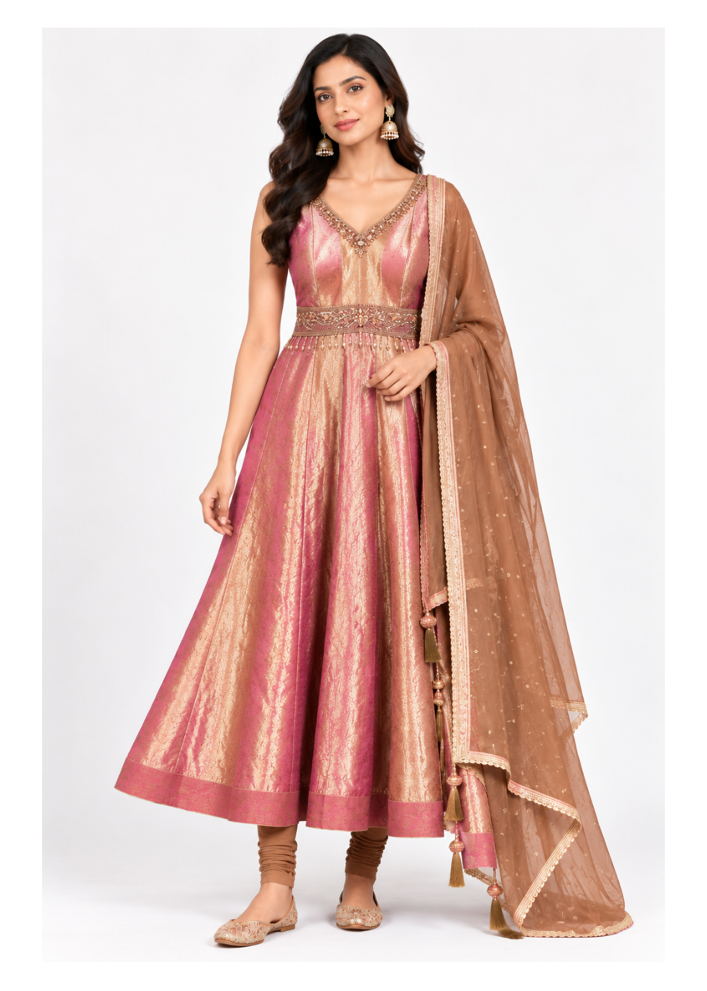 Rose Gold Pink Embroidered Anarkali Suit Set