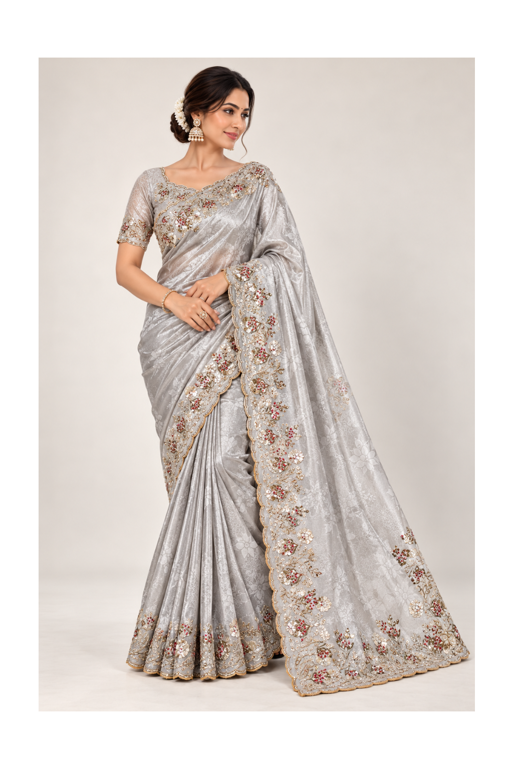 Silver Grey Floral Embroidered Tissue Saree