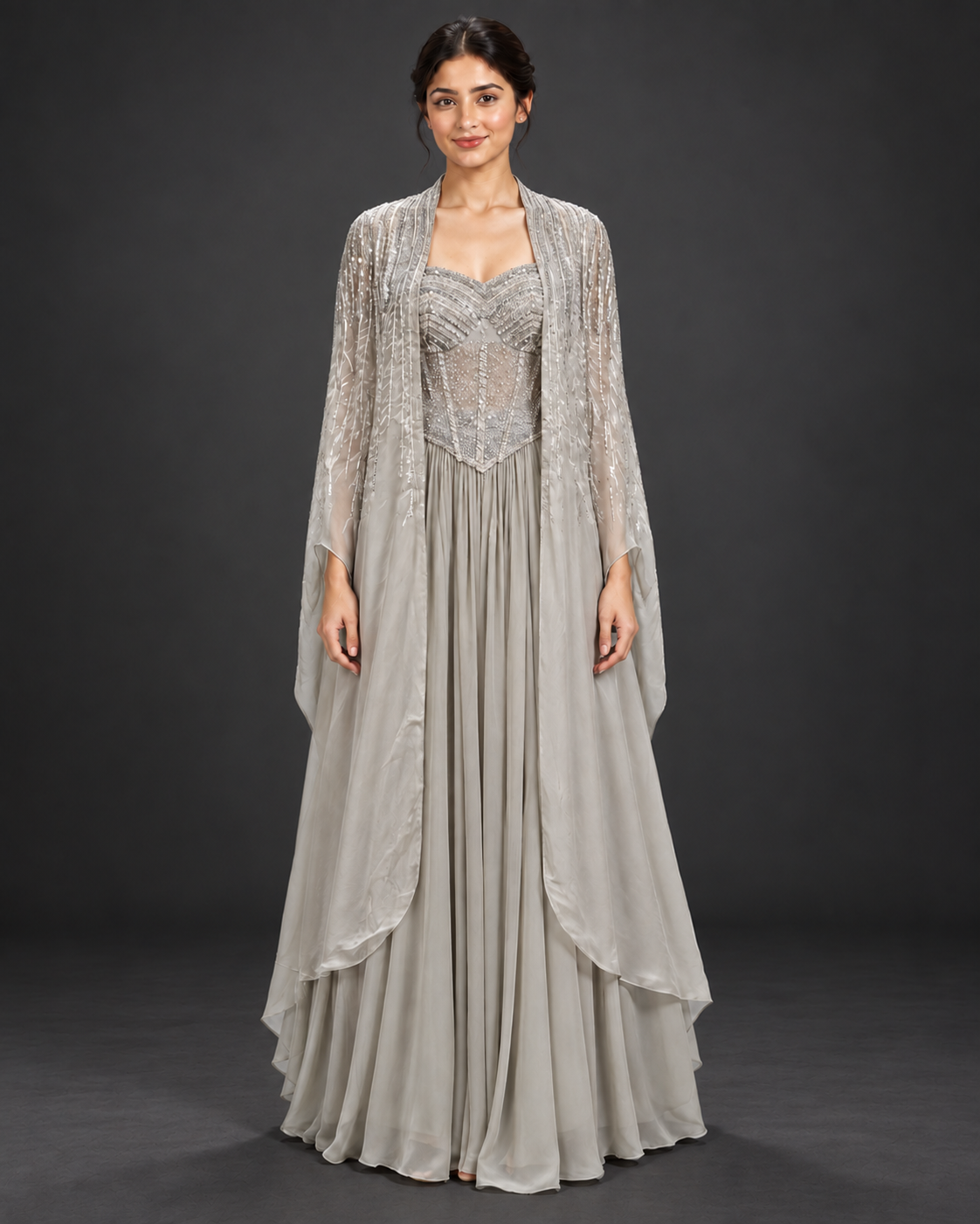 Grey Embellished Lehenga with Long Sheer Cape
