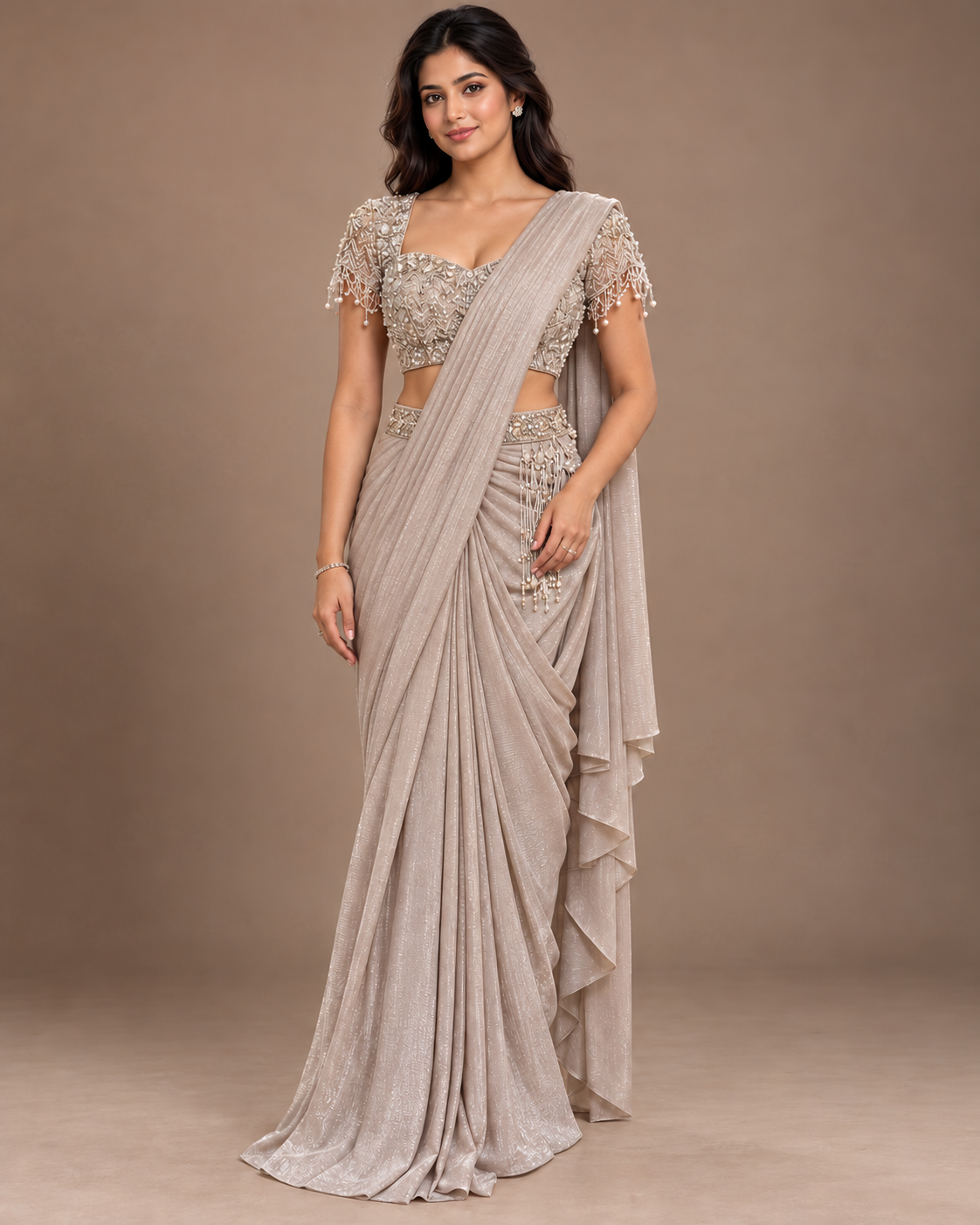 Silver Greige Embellished Belted Drape Saree