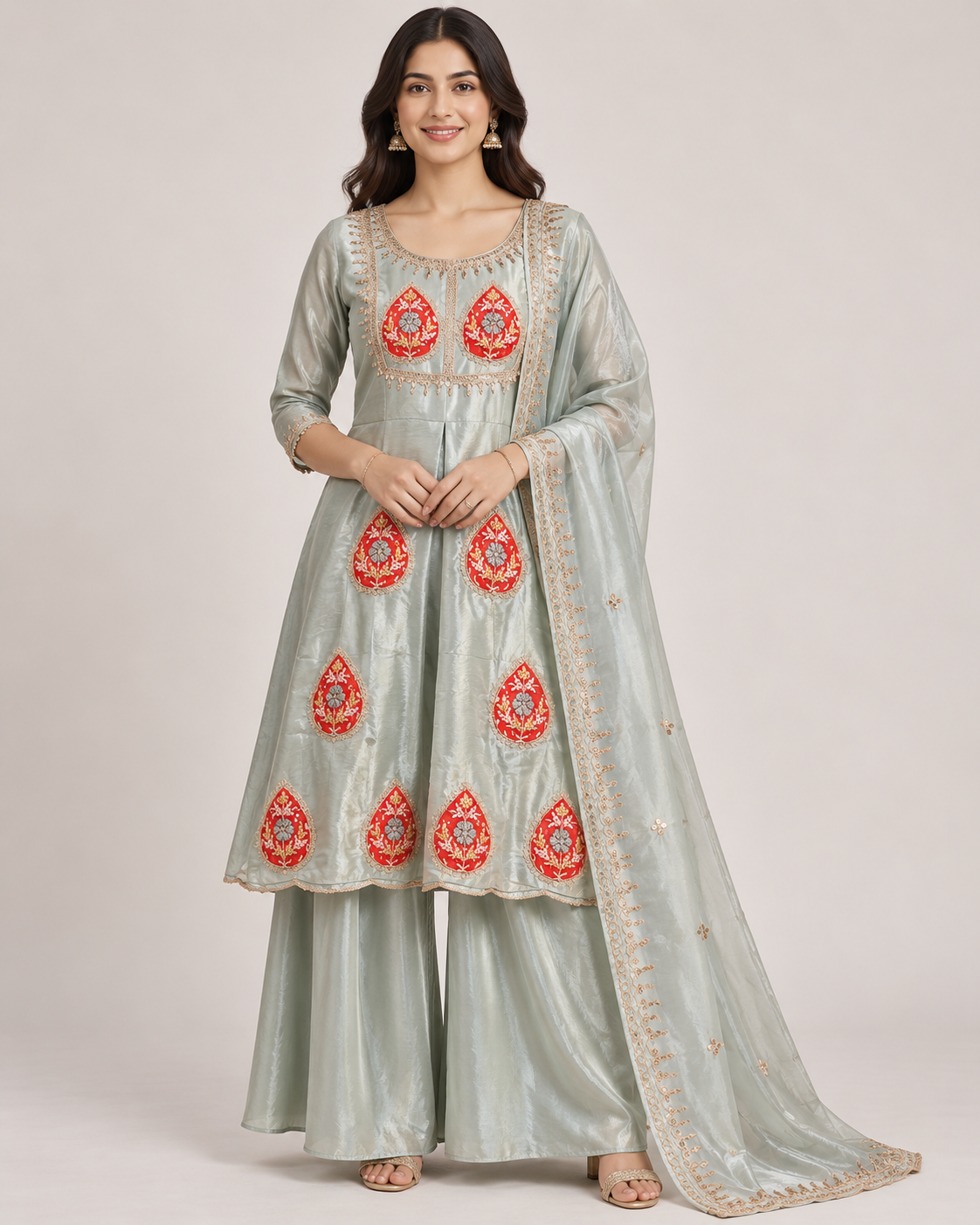 Green Embroidered Palazzo Suit with Dupatta Main image