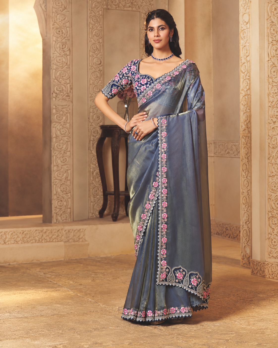Slate Blue Saree with Floral Embroidered Border