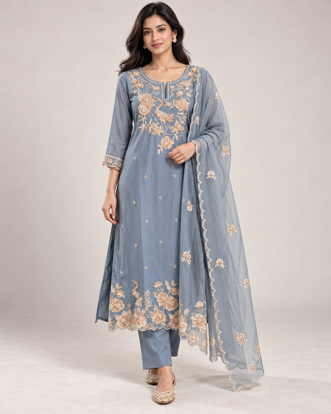 Slate Blue Hand-Embroidered Kurta Set with Scalloped Dupatta Main image