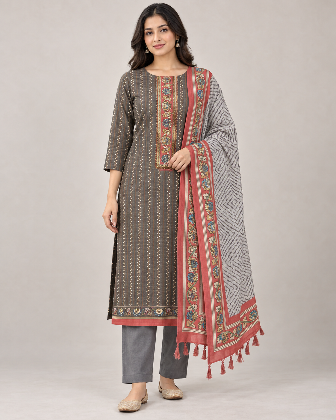 Slate Grey Ethnic Suit Fabric with Printed Dupatta