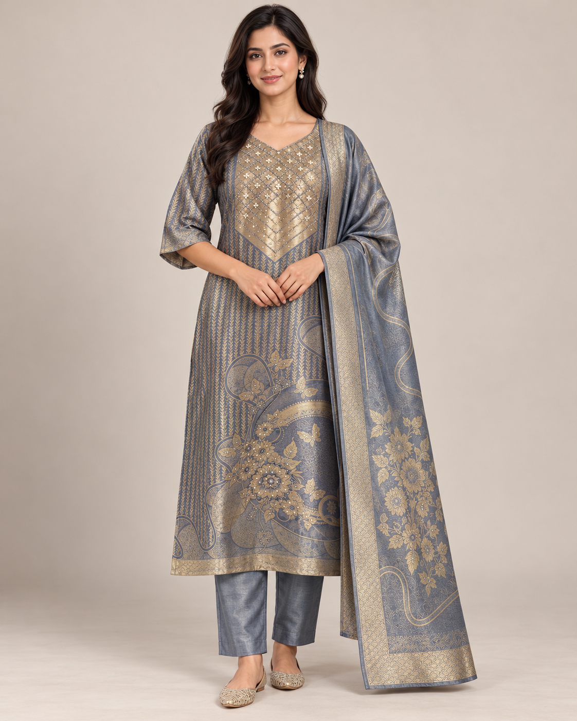 Slate Blue Gold Patterned Suit Set