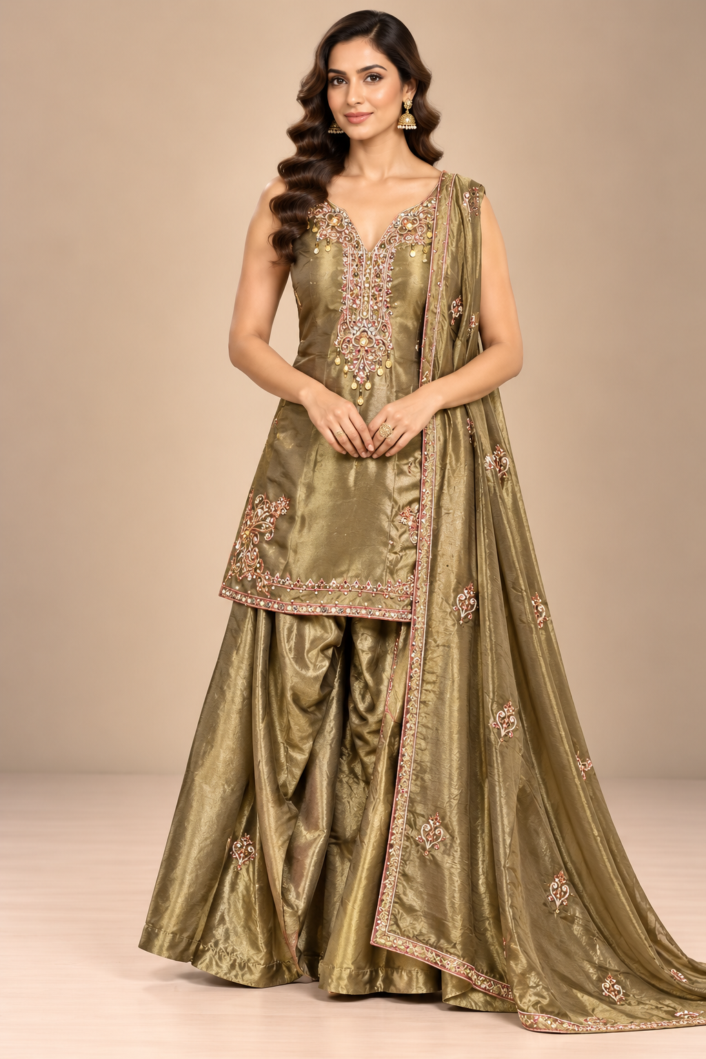 Sophisticated Olive Gold Hand-Embroidered Sharara Set