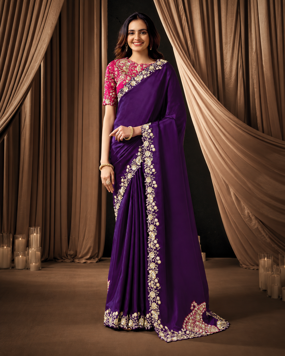 Purple Uppada Silk Saree with Sequin and Pearl Work