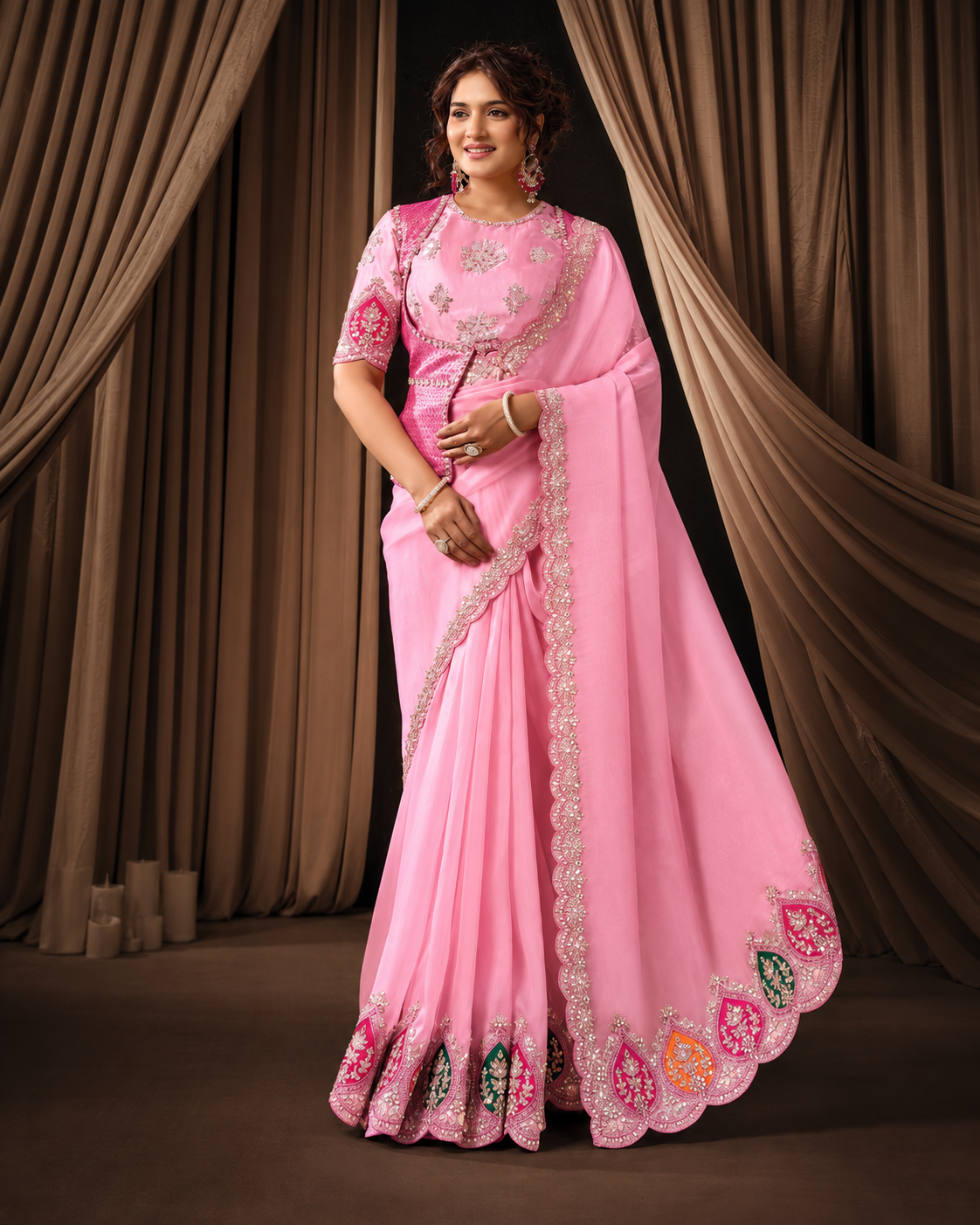 Pink Tissue Organza Saree with Rajwadi Koti