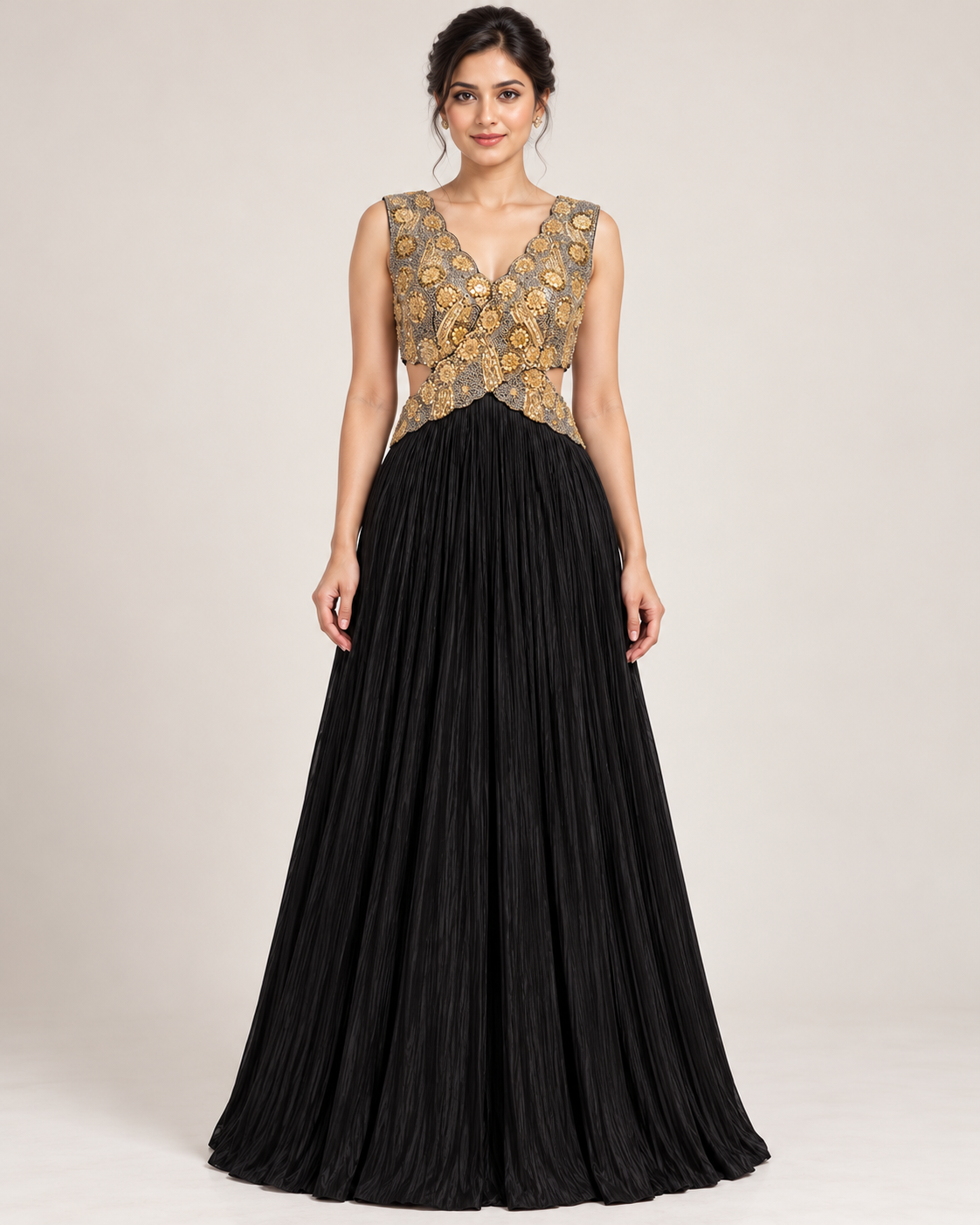 Black Pleated Gown with Gold Floral Embroidery