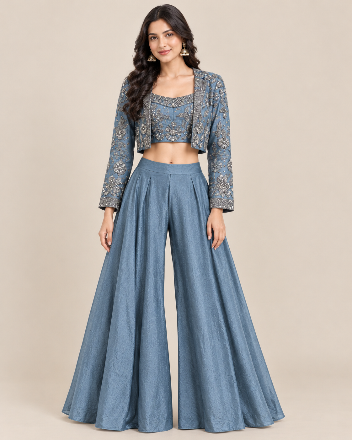 Steel-Blue Cropped Jacket, Bralette & Flared Palazzo Set
