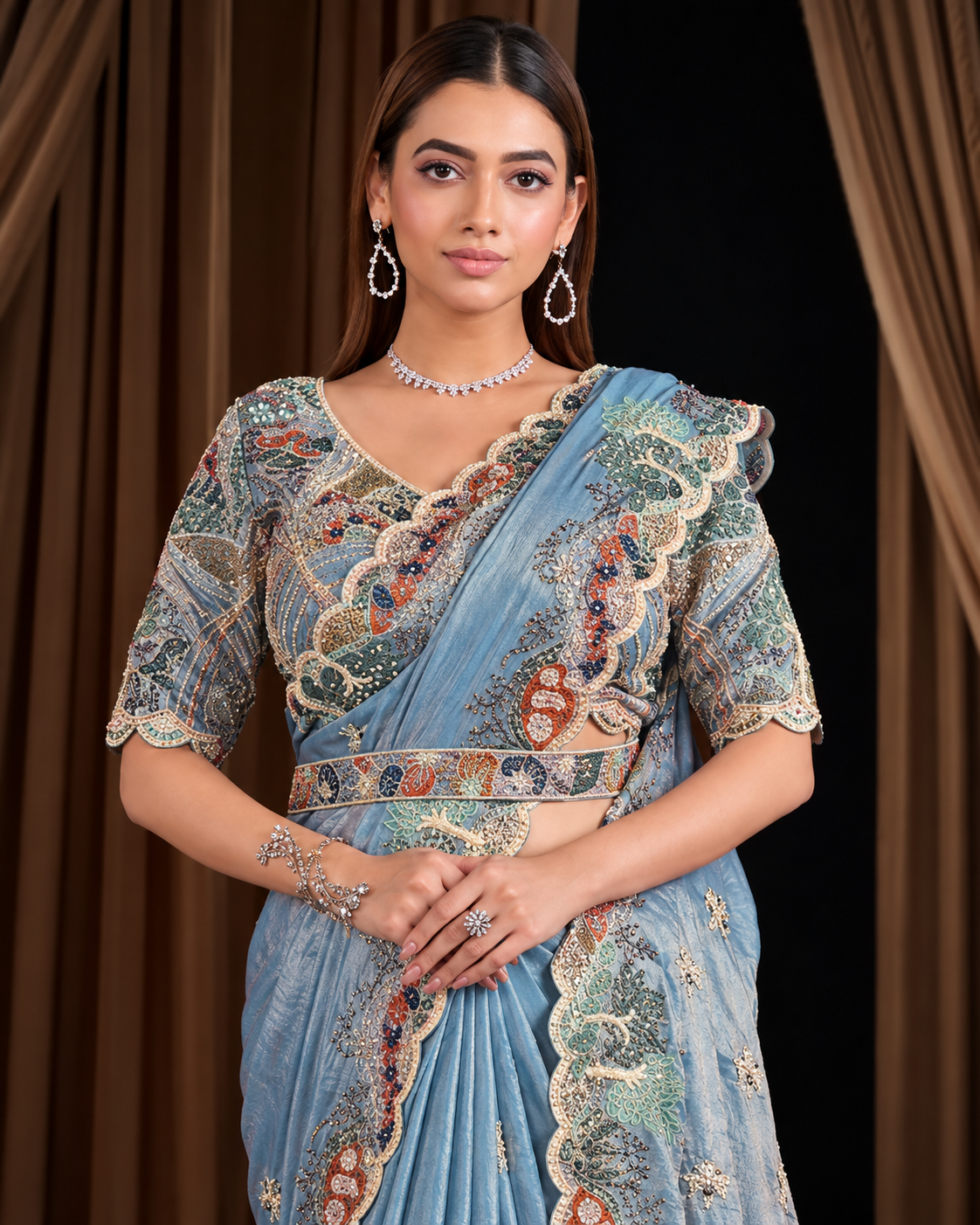 Powder Blue Satin Silk Saree with Handwork Embroidery Secondary image