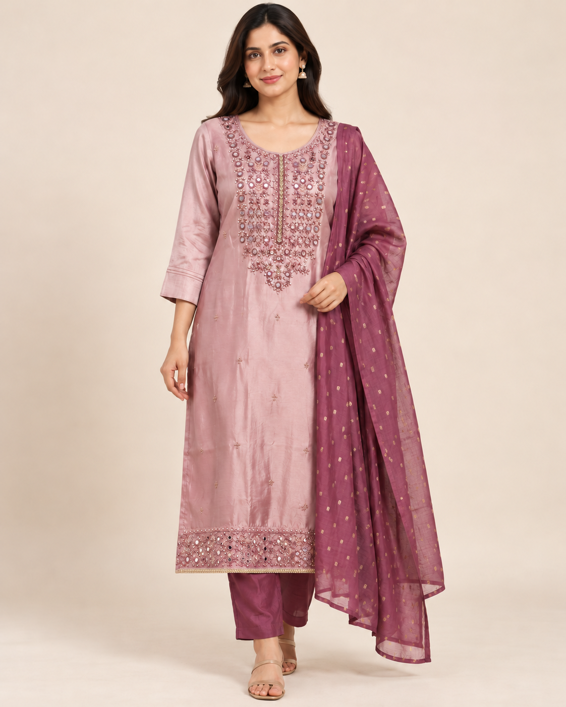 Dusty Rose Mirror Embellished Suit Set