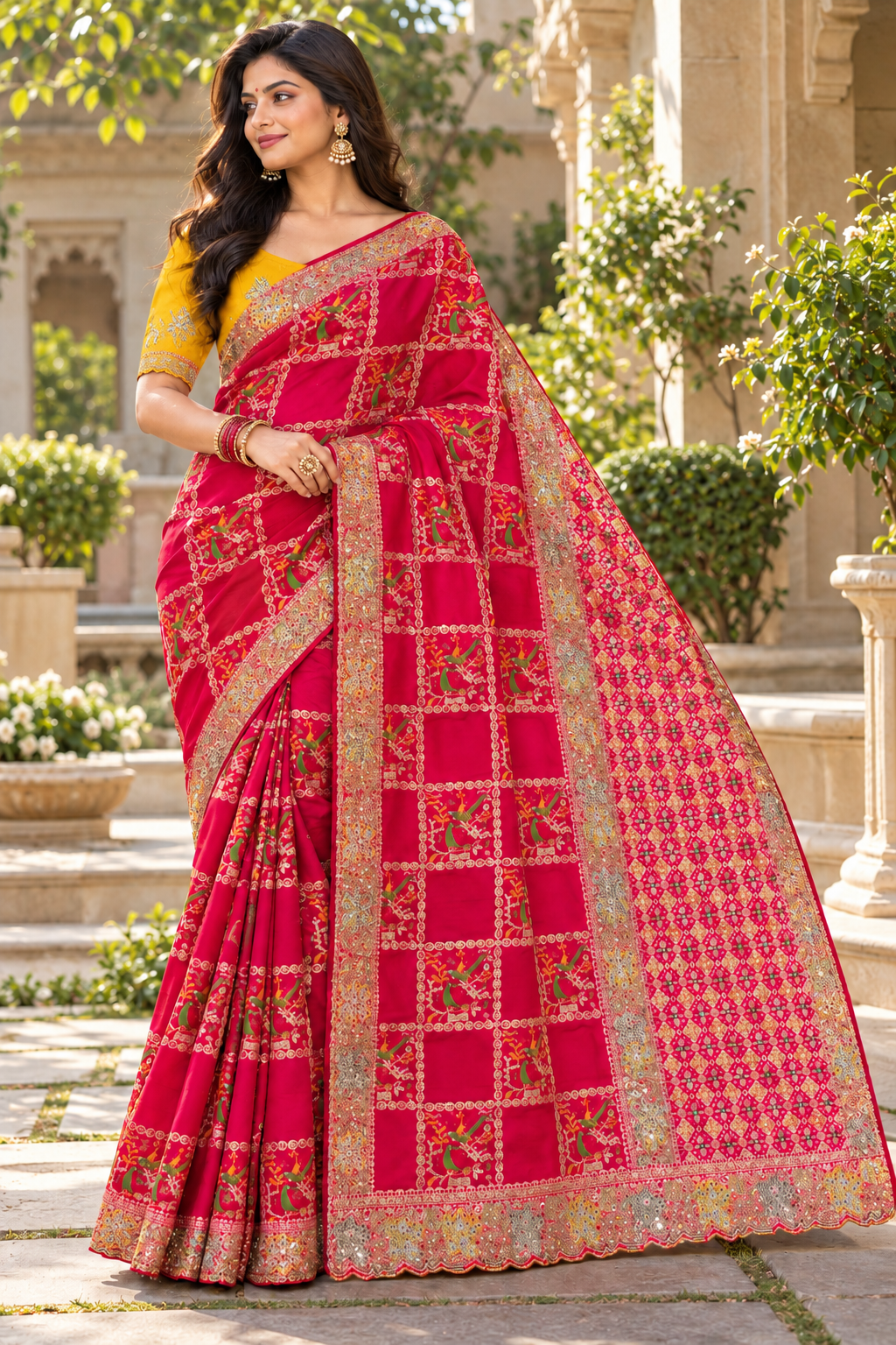 Cherry Red Bird Motif Silk Saree Main image