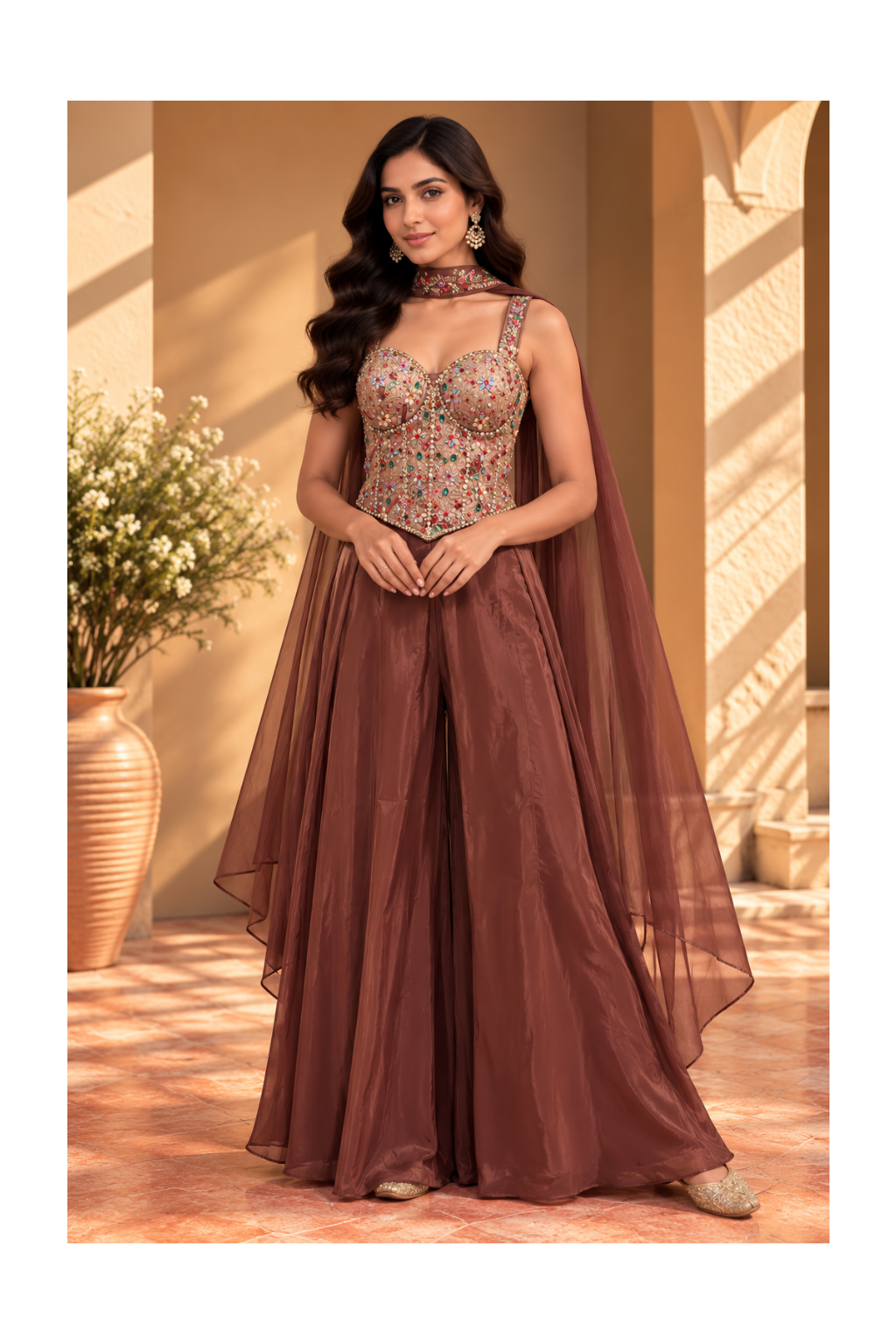 Rich Chocolate Brown Corset & Palazzo Cape Set